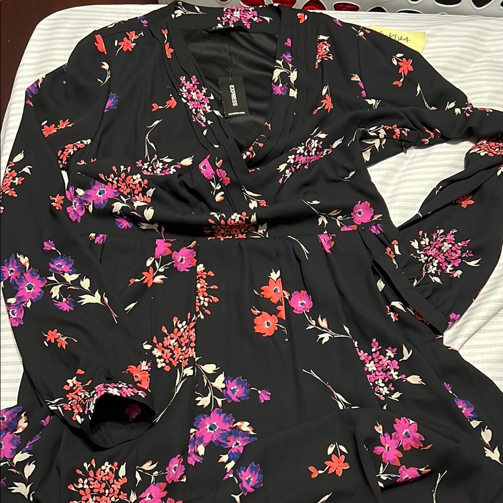 Express Black and Pink Bell Sleeve Wrap Dress